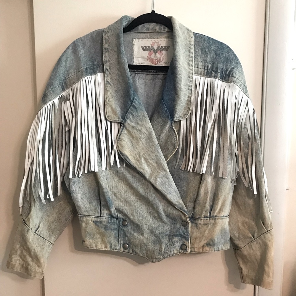 Vintage Phoenix Outerwear Acid-Wash Denim Jacket with Leather Fringe